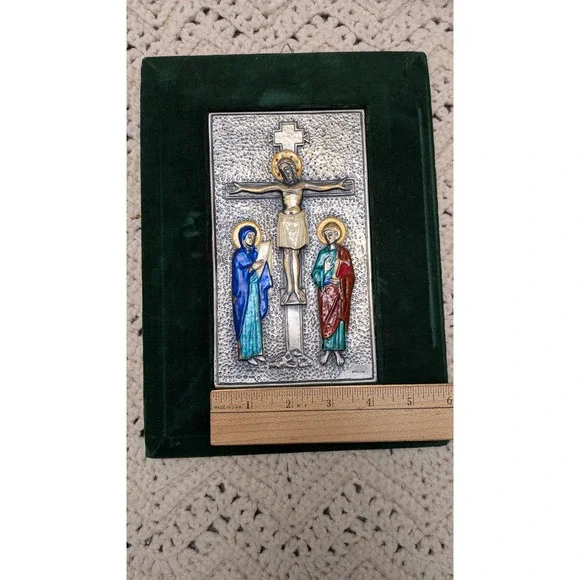 Ottaviani Italy 925 Sterling Silver Enamel Crucifixion Plaque Green Velvet Frame